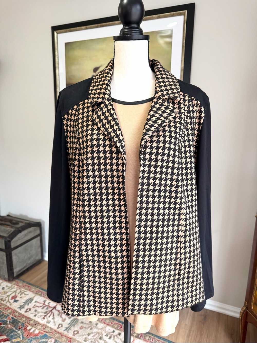 Chico’s Size 3 Houndstooth Jacket & Faux Leather Shoulder Top 2 Piece Set